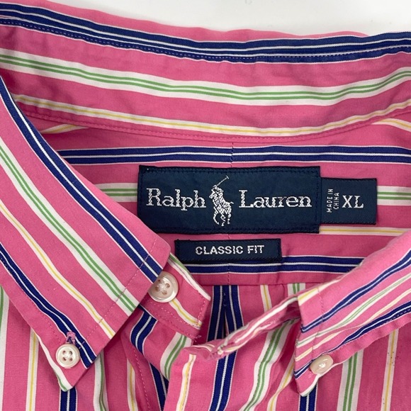 Ralph Lauren Classic Fit Striped Button Down Shirt Mens XL Pink Green Navy White - Picture 2 of 8